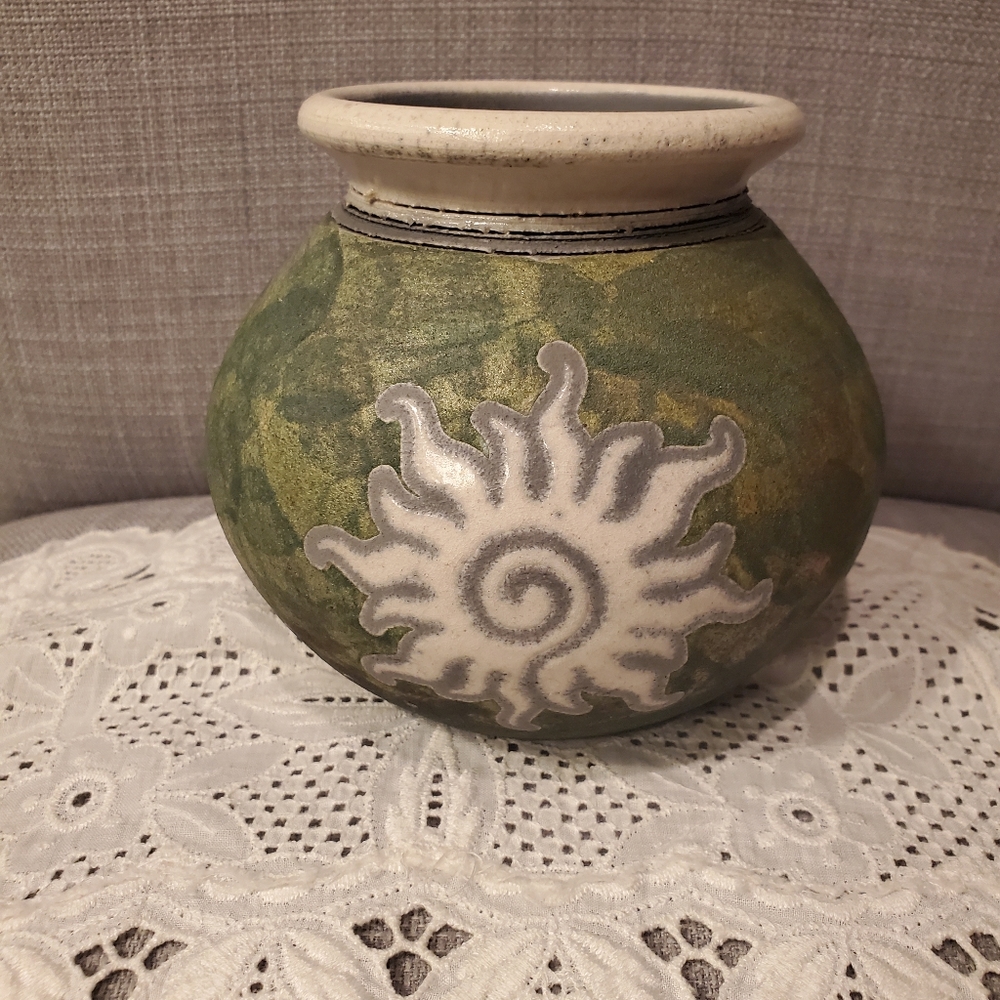 RAKU pottery pot, sunburst, signed